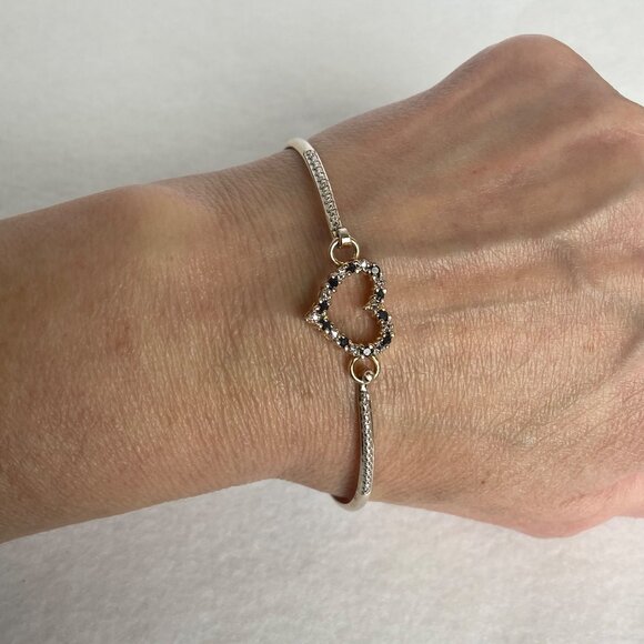 Gold Vermeil Sterling Silver 925 Blue Sapphire Heart Oval Bangle Bracelet 7.25" - Picture 1 of 16